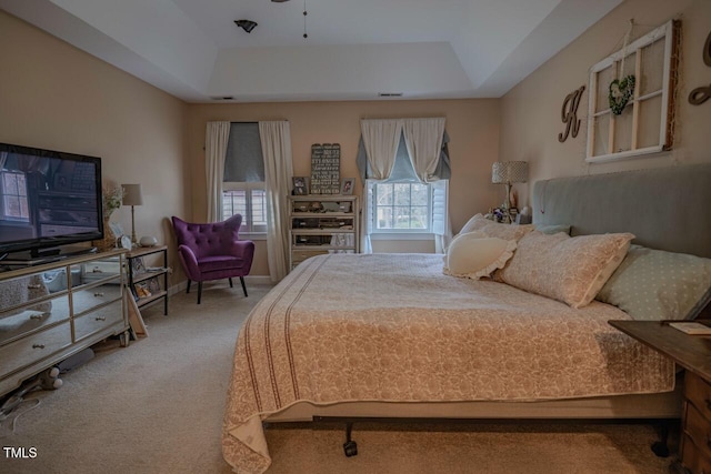 bedroom featuring a tray ceiling, baseboards, and carpet floors