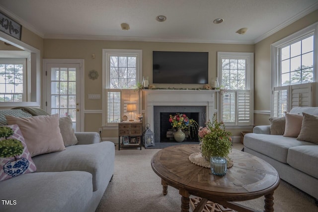 carpeted living room with a fireplace with flush hearth and ornamental molding