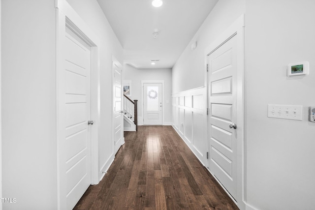 hall featuring recessed lighting, stairs, and hardwood / wood-style flooring