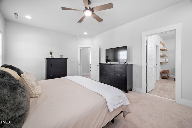 bedroom featuring visible vents, recessed lighting, carpet floors, baseboards, and ceiling fan