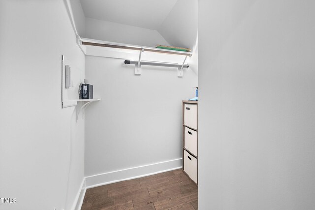 walk in closet featuring vaulted ceiling and wood finished floors