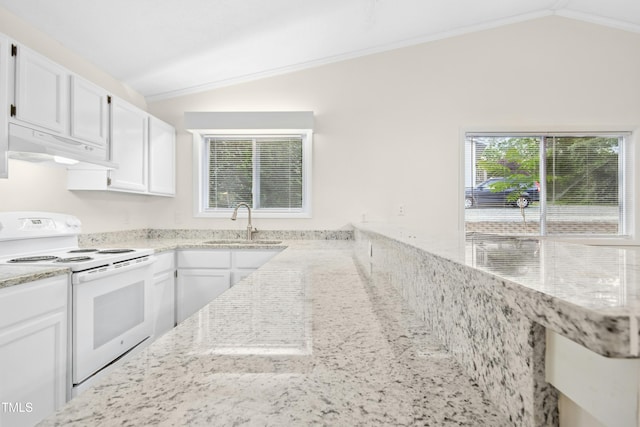 kitchen with under cabinet range hood, white electric range oven, a sink, and lofted ceiling