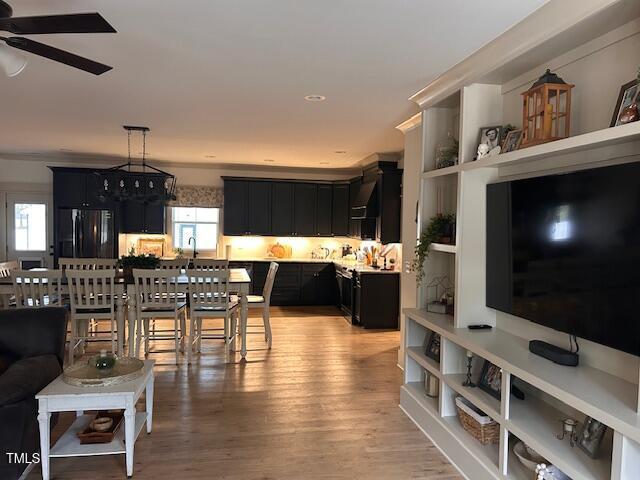 living room with light wood-type flooring and ceiling fan