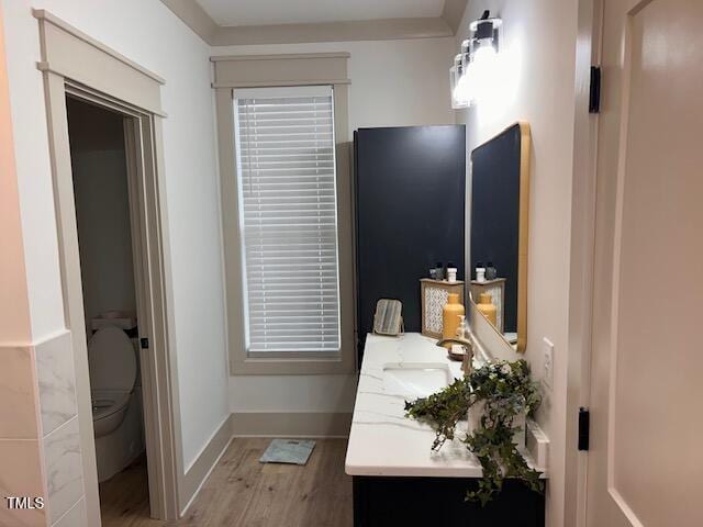 bathroom with baseboards, toilet, wood finished floors, and vanity