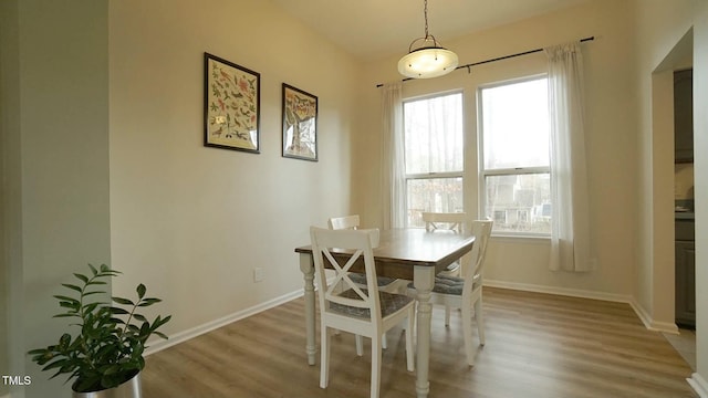 dining space featuring plenty of natural light, light wood-style flooring, and baseboards