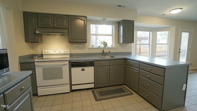 kitchen with visible vents, a sink, under cabinet range hood, white appliances, and a peninsula