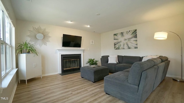 living area featuring a fireplace with flush hearth, baseboards, and wood finished floors