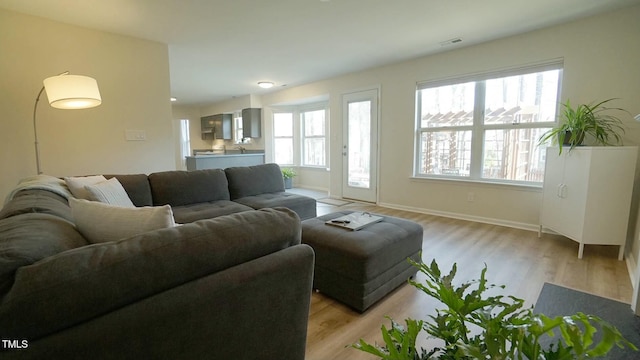 living room with light wood finished floors, visible vents, and baseboards