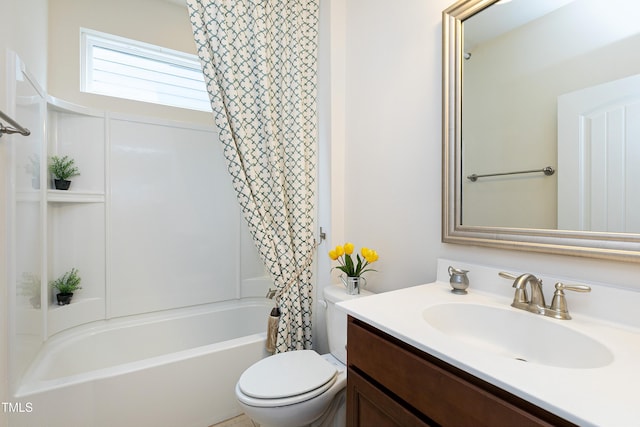 full bathroom with toilet, vanity, and shower / bath combination with curtain