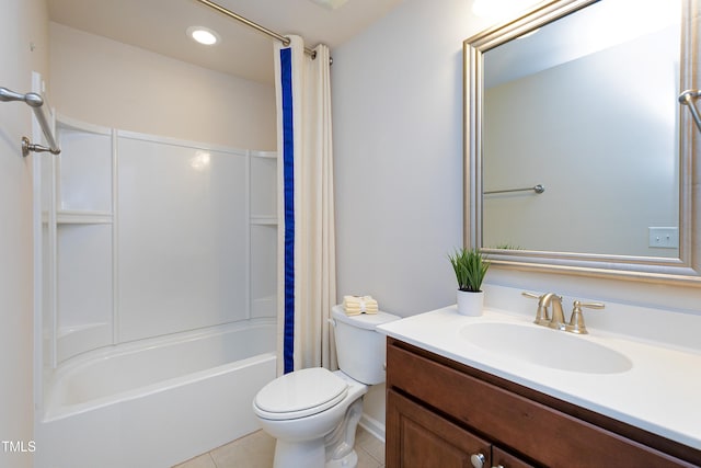 bathroom featuring toilet, recessed lighting, tile patterned floors, shower / bath combination with curtain, and vanity