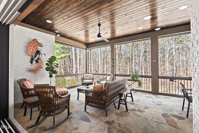 sunroom / solarium with a wealth of natural light, wooden ceiling, and ceiling fan