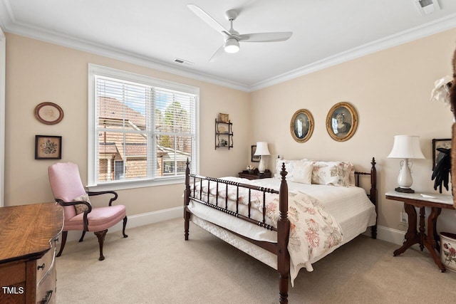 bedroom with crown molding, light colored carpet, and visible vents