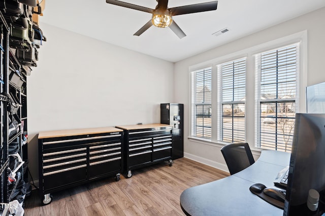 home office featuring visible vents, ceiling fan, baseboards, and wood finished floors