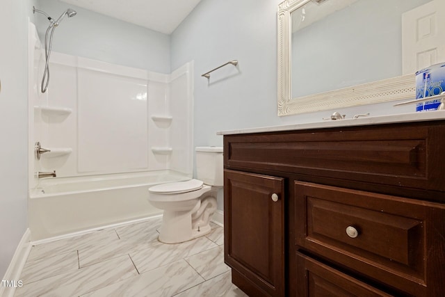 full bath with tub / shower combination, toilet, and vanity