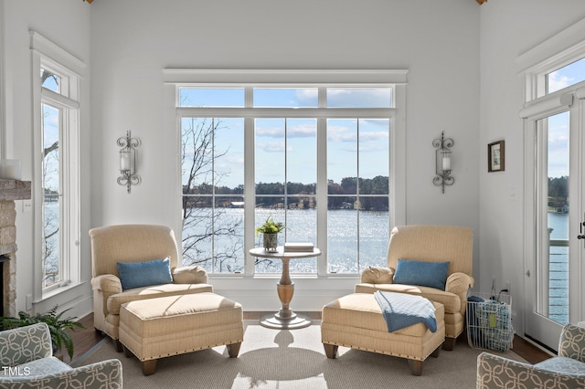 living area featuring a fireplace, a water view, and wood finished floors