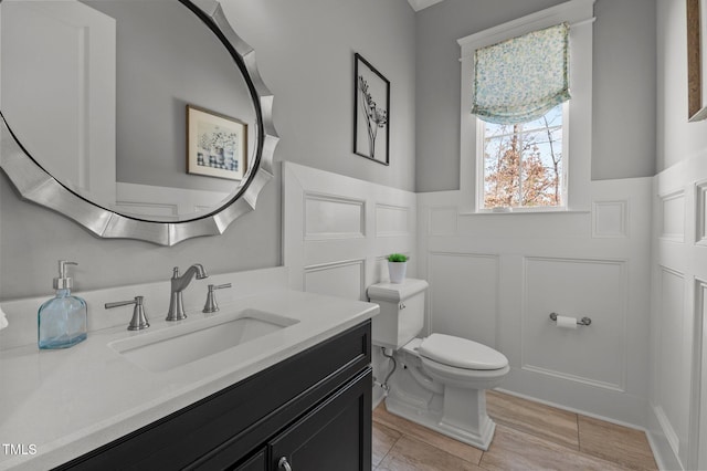 bathroom featuring vanity, toilet, wainscoting, and a decorative wall