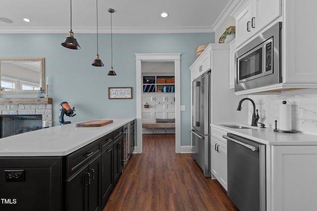 kitchen with crown molding, stainless steel appliances, dark cabinetry, and a sink