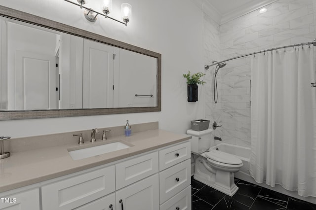 full bathroom featuring toilet, vanity, marble finish floor, and shower / bath combo