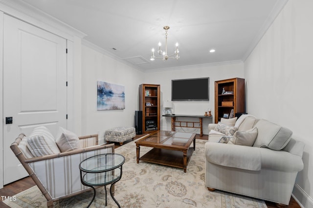 living area with recessed lighting, wood finished floors, a chandelier, and ornamental molding