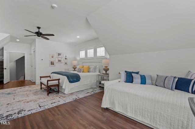 bedroom featuring recessed lighting, lofted ceiling, ceiling fan, and wood finished floors