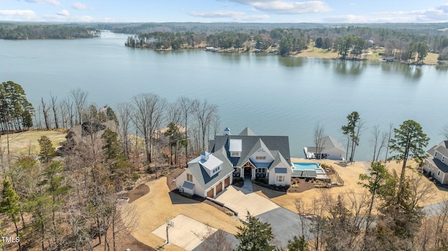 drone / aerial view featuring a water view