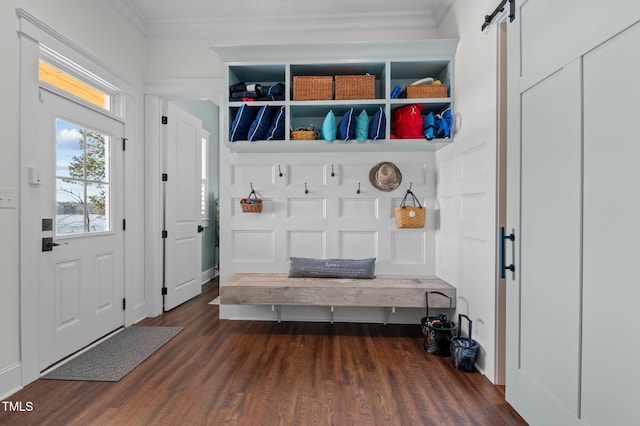 mudroom with dark wood finished floors, a barn door, and ornamental molding