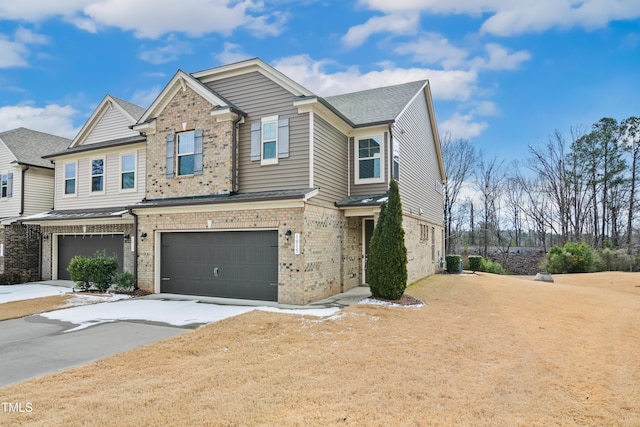 view of front facade featuring concrete driveway, brick siding, and central AC