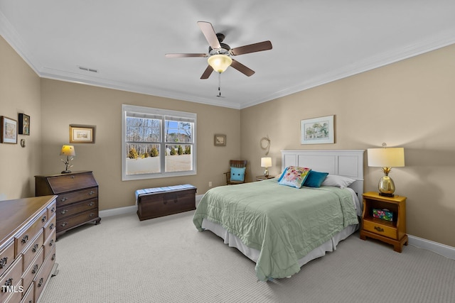 bedroom with crown molding, light colored carpet, visible vents, and baseboards