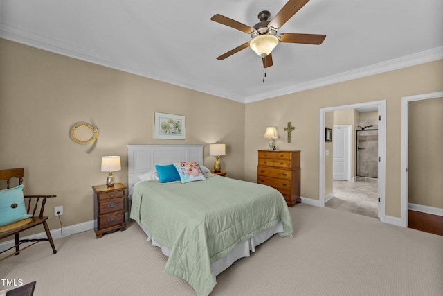 bedroom with ornamental molding, baseboards, and light carpet