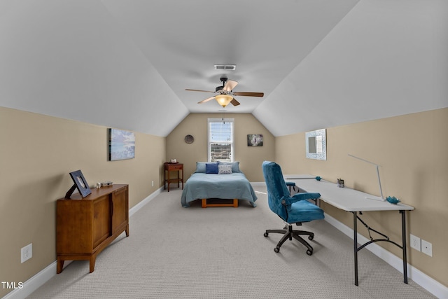 carpeted bedroom with a ceiling fan, lofted ceiling, baseboards, and visible vents