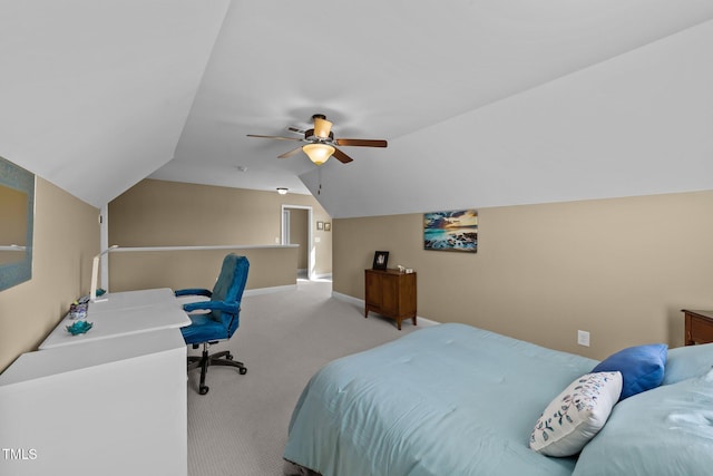 bedroom with vaulted ceiling, a ceiling fan, baseboards, and light carpet