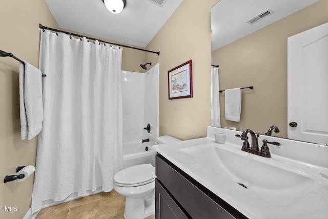 full bathroom with visible vents, shower / bath combo with shower curtain, toilet, tile patterned flooring, and vanity