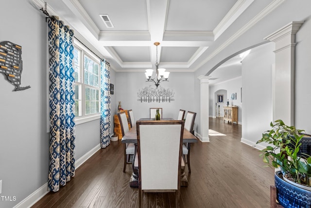 dining room with baseboards, dark wood finished floors, decorative columns, arched walkways, and coffered ceiling