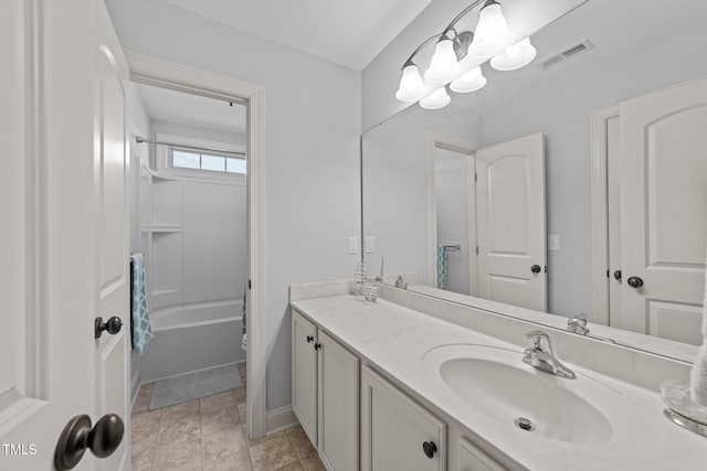 full bathroom featuring vanity, visible vents, an inviting chandelier, bathing tub / shower combination, and toilet