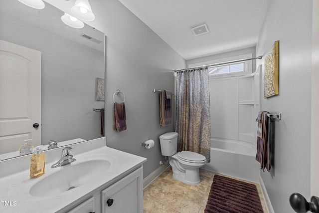 full bathroom featuring visible vents, toilet, vanity, and baseboards