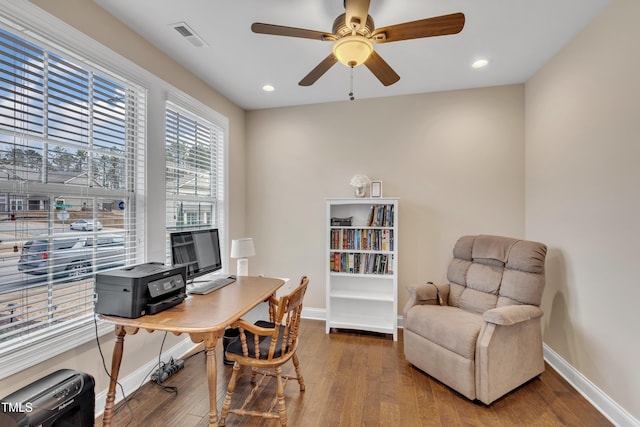 office area with visible vents, ceiling fan, baseboards, recessed lighting, and wood finished floors