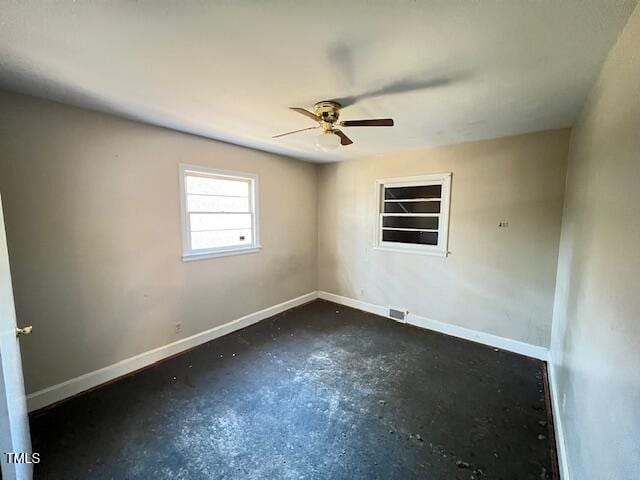 spare room featuring visible vents, baseboards, concrete floors, and a ceiling fan