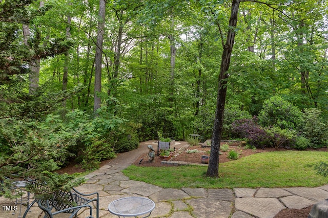 view of yard with a view of trees