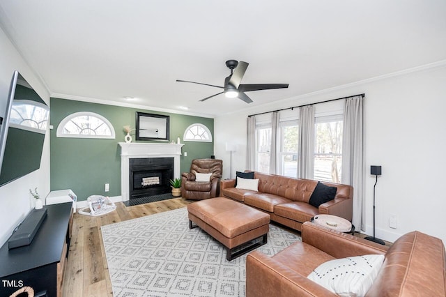 living area featuring light wood-type flooring, a fireplace with flush hearth, a ceiling fan, crown molding, and baseboards