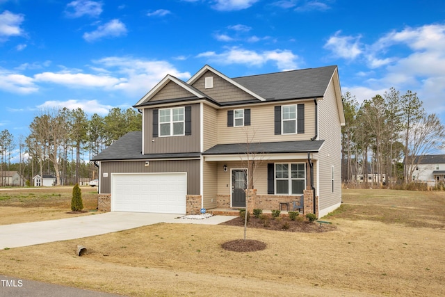 craftsman house featuring a garage, brick siding, covered porch, and driveway