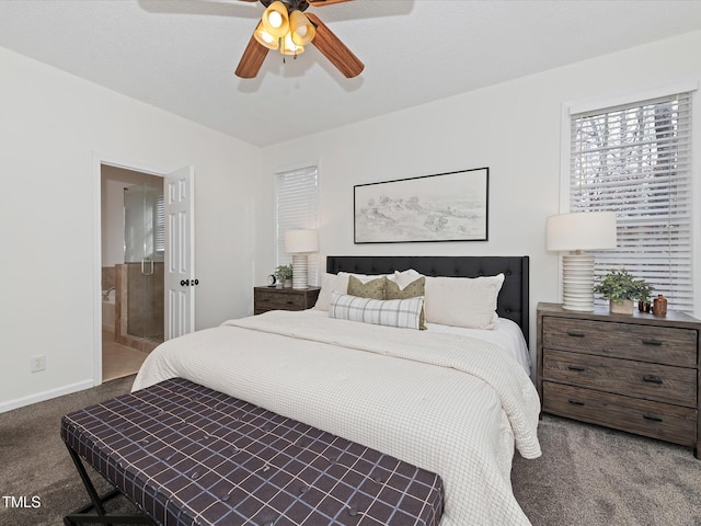 bedroom featuring carpet flooring, connected bathroom, baseboards, and ceiling fan