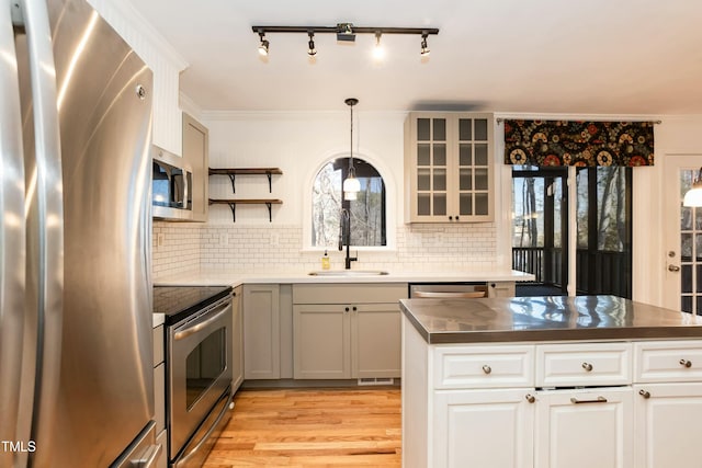 kitchen featuring a healthy amount of sunlight, stainless steel appliances, light wood-type flooring, and a sink