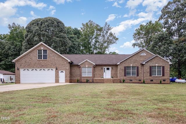 ranch-style home featuring crawl space, concrete driveway, a front lawn, and brick siding