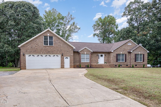 single story home with brick siding, driveway, and crawl space