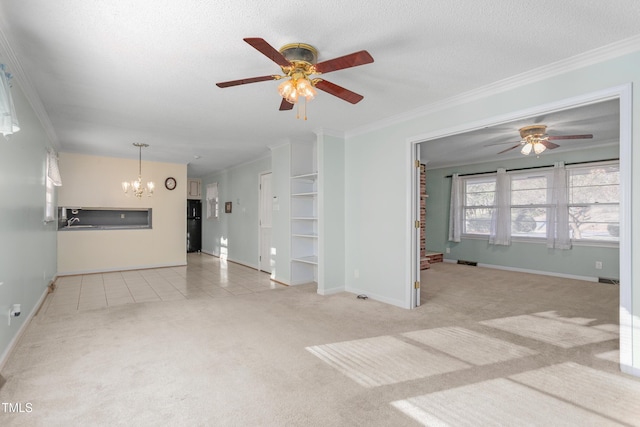 unfurnished living room with a textured ceiling, crown molding, carpet flooring, and ceiling fan with notable chandelier