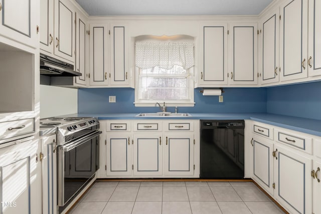 kitchen with under cabinet range hood, stainless steel electric stove, dishwasher, light tile patterned floors, and a sink
