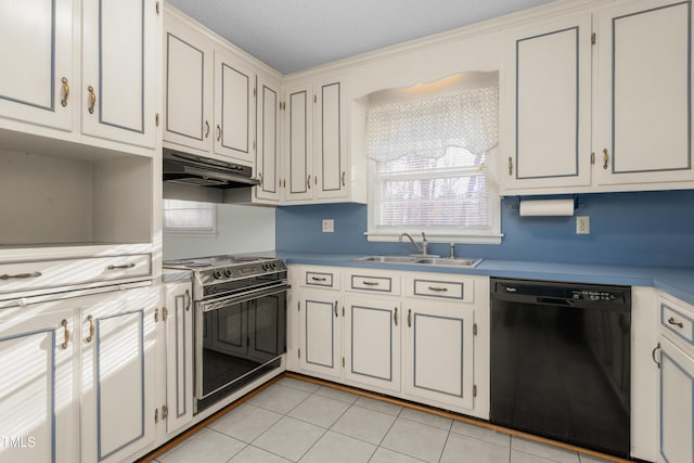 kitchen featuring range with electric cooktop, under cabinet range hood, a sink, light tile patterned flooring, and dishwasher