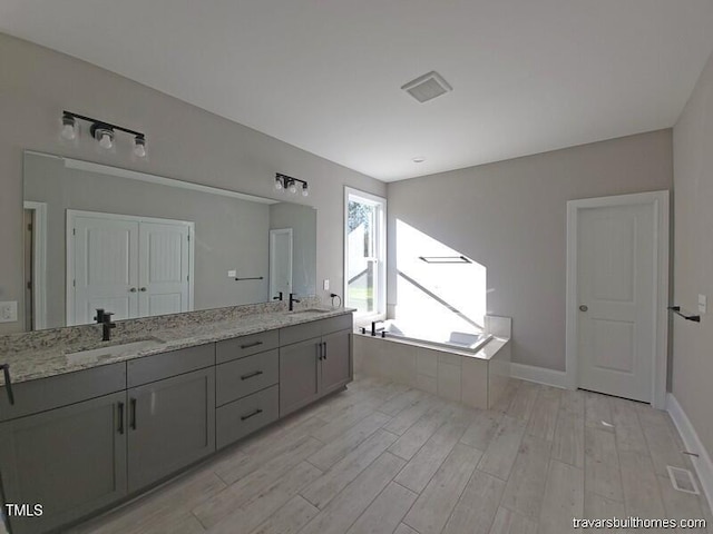 bathroom with double vanity, wood finished floors, and a sink