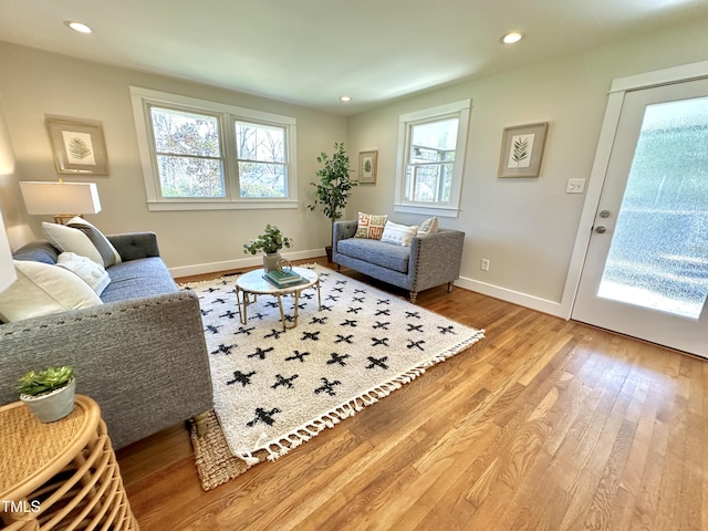 living room featuring a wealth of natural light, baseboards, and hardwood / wood-style flooring