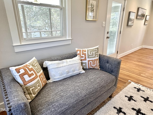 sitting room featuring a wealth of natural light, baseboards, and wood finished floors